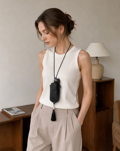 Leather Eyeglass Case Necklace with Tassel Detail