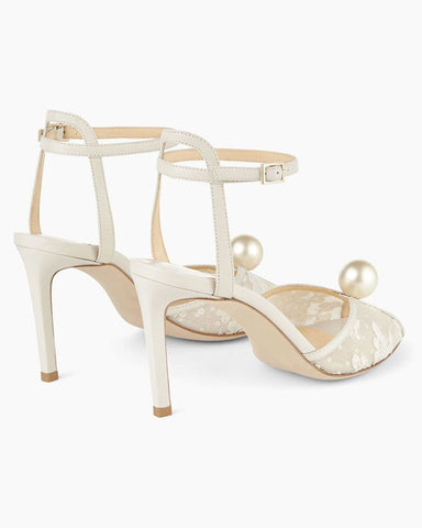 Ivory Floral Lace Sandal Heels with Pearl Detail