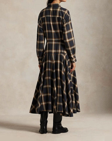 Plaid Twill Paneled Shirt Dress