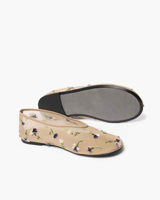 Women’s Beige Floral Embroidered Mesh Ballet Flats