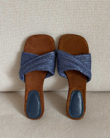 Cross-Strap Woven Open-Toe Slide Sandals