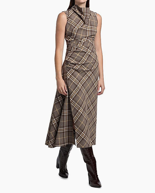 (Pre-sale) Plaid Asymmetric Cowlneck Midi Dress