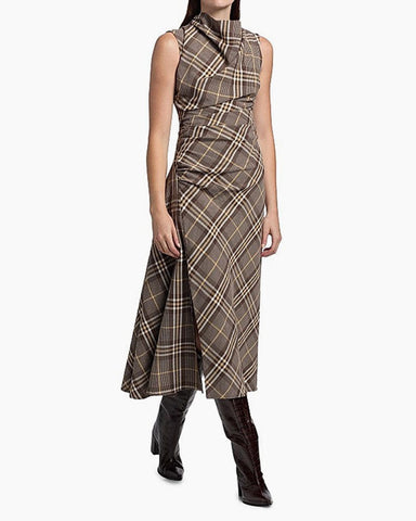 (Pre-sale) Plaid Asymmetric Cowlneck Midi Dress