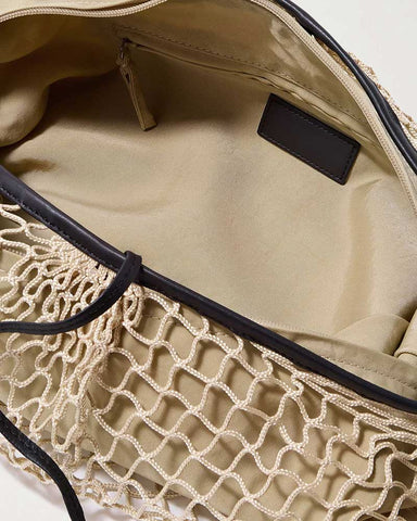 Beige Fishnet Croissant Shoulder Bag with Leather Trim for Luxe Seaside Escapes