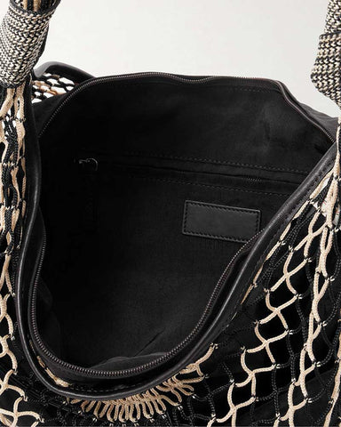 Beige Fishnet Croissant Shoulder Bag with Leather Trim for Luxe Seaside Escapes