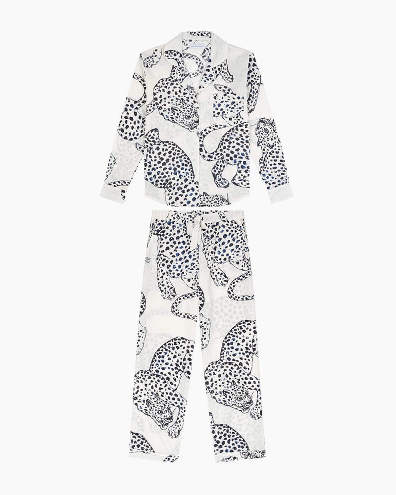 Cotton Long Pyjama Set in Illustrated Leopard Print