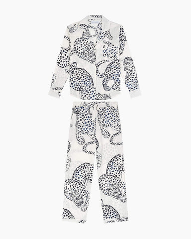Cotton Long Pyjama Set in Illustrated Leopard Print