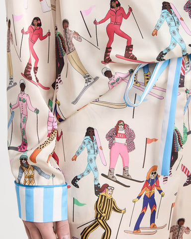 Retro Skier Illustration Long Sleeve Sleepwear with Striped Trim