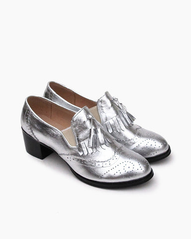 Black and White Classic Fringed Chunky Heel Oxford Shoes