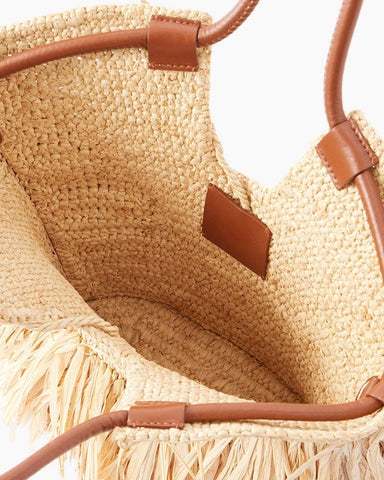 Layered Fringe Raffia Top Handle Tote Bag