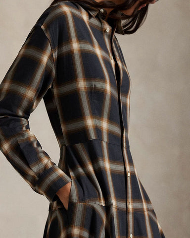 Plaid Twill Paneled Shirt Dress