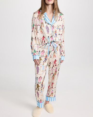 Retro Skier Illustration Long Sleeve Sleepwear with Striped Trim