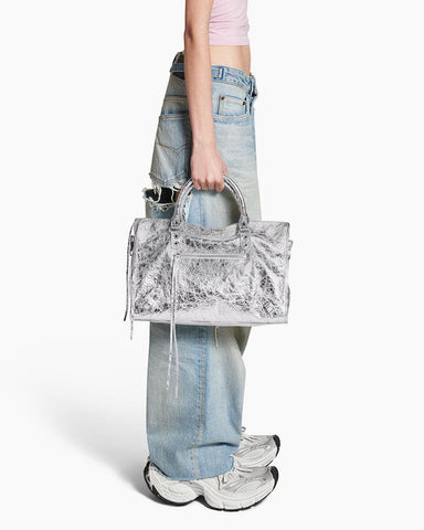 Vespera Metallized Lambskin Silver Tote Bag