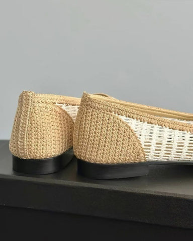 Women's Round-Toe Woven Raffia Open-Knit Ballet Flats
