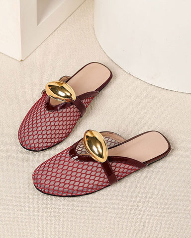 Mesh Round-Toe Buckle-Accent Mule Flats
