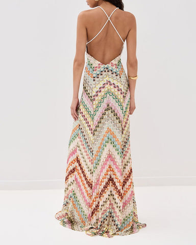 Boho Diagonal Stripe Open-Knit Backless Long Dress