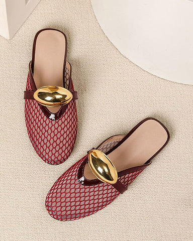 Mesh Round-Toe Buckle-Accent Mule Flats