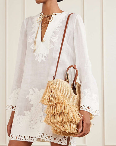 Layered Fringe Raffia Top Handle Tote Bag