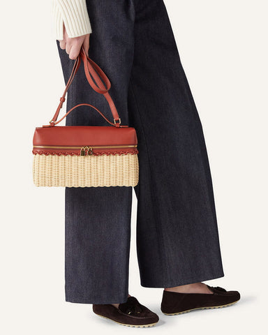 Elegant Resort Wicker Leather Top Handle Bag