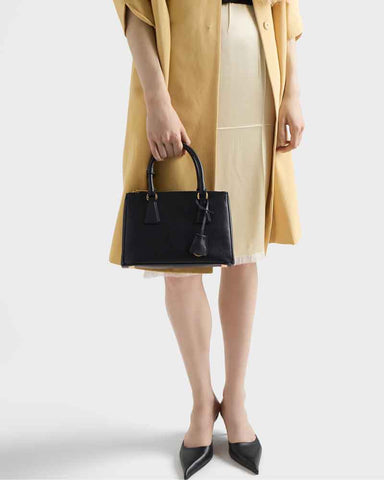 Black Double Zip Shoulder Handbag with Gold Hardware & Strap