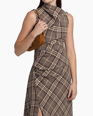 (Pre-sale) Plaid Asymmetric Cowlneck Midi Dress