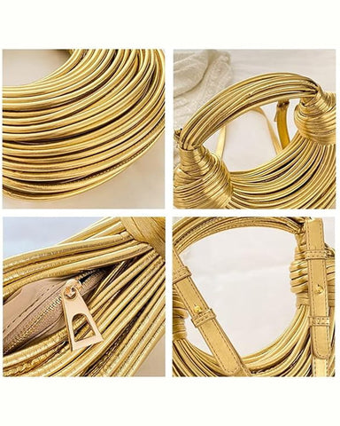 Gold Tubular Knotted Crescent Shoulder Bag