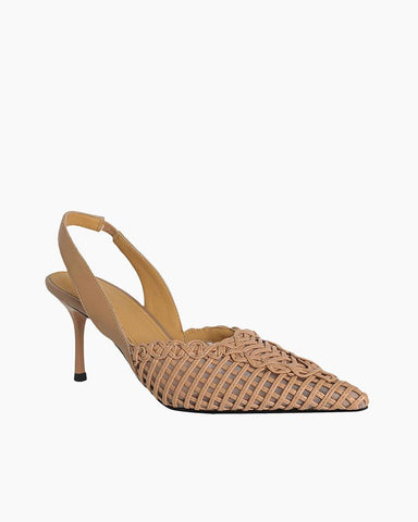 Woven Pointed Toe Slingback Sculpted Block Heel Sandals