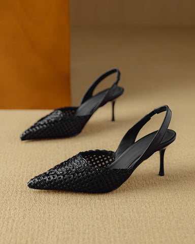 Woven Pointed Toe Slingback Sculpted Block Heel Sandals