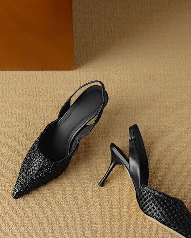 Woven Pointed Toe Slingback Sculpted Block Heel Sandals