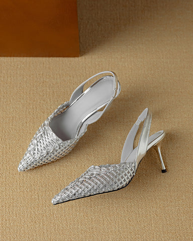 Woven Pointed Toe Slingback Sculpted Block Heel Sandals