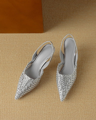 Woven Pointed Toe Slingback Sculpted Block Heel Sandals