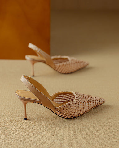 Woven Pointed Toe Slingback Sculpted Block Heel Sandals