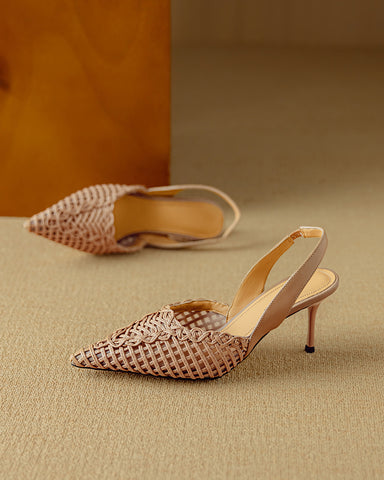 Woven Pointed Toe Slingback Sculpted Block Heel Sandals
