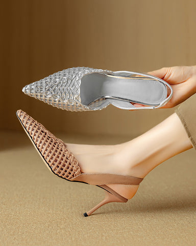 Woven Pointed Toe Slingback Sculpted Block Heel Sandals