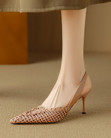 Woven Pointed Toe Slingback Sculpted Block Heel Sandals