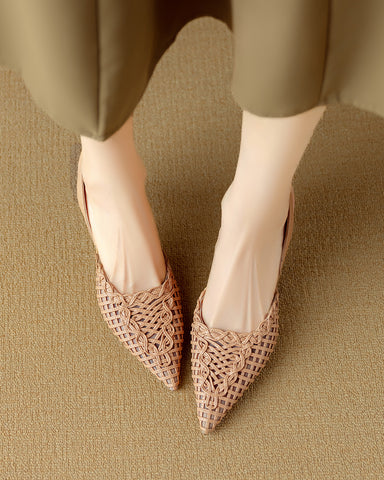 Woven Pointed Toe Slingback Sculpted Block Heel Sandals