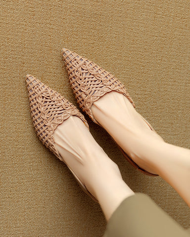 Woven Pointed Toe Slingback Sculpted Block Heel Sandals