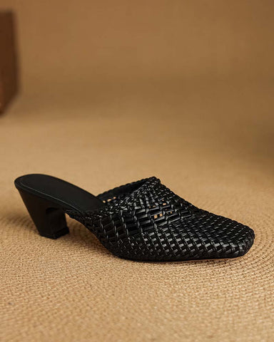 Woven Braided Mid Block Heel Mules