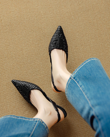 Woven Pointed Toe Slingback Sculpted Block Heel Sandals