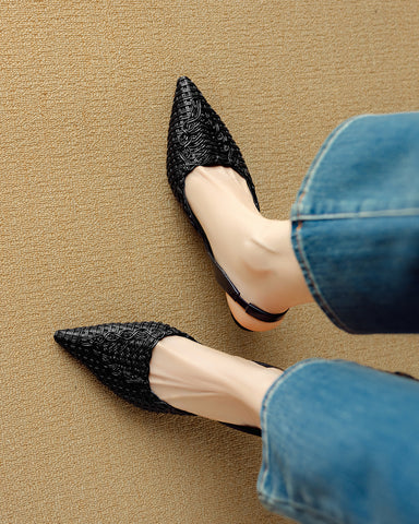 Woven Pointed Toe Slingback Sculpted Block Heel Sandals