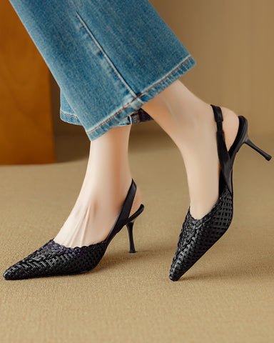 Woven Pointed Toe Slingback Sculpted Block Heel Sandals