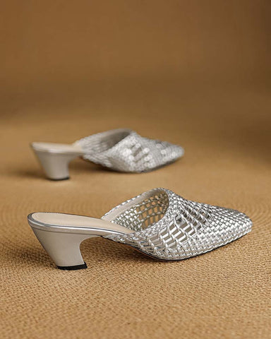 Woven Braided Mid Block Heel Mules
