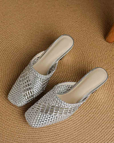 Woven Braided Mid Block Heel Mules