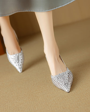 Woven Pointed Toe Slingback Sculpted Block Heel Sandals