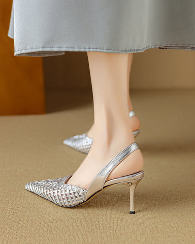 Woven Pointed Toe Slingback Sculpted Block Heel Sandals