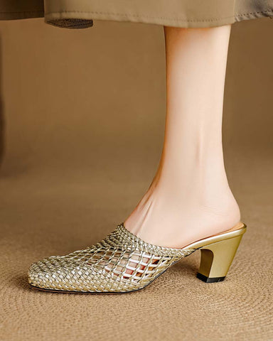 Woven Braided Mid Block Heel Mules