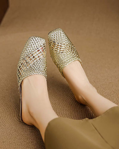 Woven Braided Mid Block Heel Mules