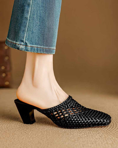 Woven Braided Mid Block Heel Mules