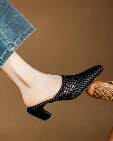 Woven Braided Mid Block Heel Mules