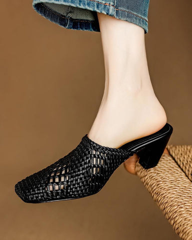 Woven Braided Mid Block Heel Mules